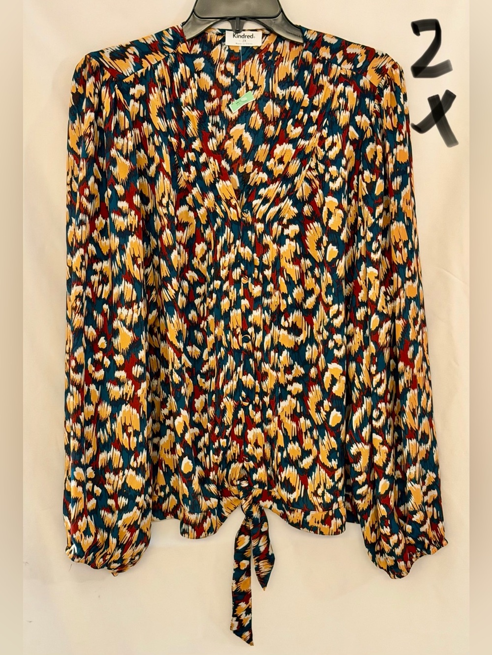 Kindred Printed Tie-Front Long-Sleeve Blouse - Teal/Mustard/Red